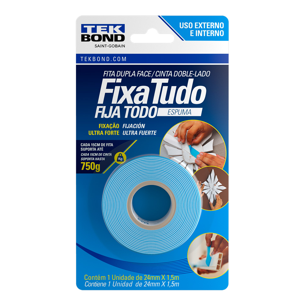 Fita Dupla Face Espuma 24mm x 1,5m - TEK BOND | Fixação para Molduras e Decorativos